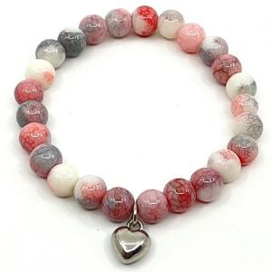 VTG Y2K Pink White Dragon Vein Agate Beaded Stretch Bracelet Heart Charm 6.75"